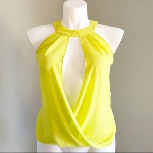 BEBE Night Out Chiffon Neon Yellow Top Size Small